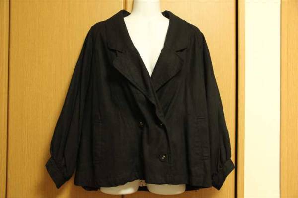 ★3,4回着!8分袖?麻混ジャケット 黒系サイズМ相当/used イーハイフン★