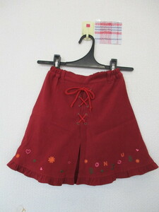 ★ 女の子 裾フリル 編み上げスカート 赤/お花刺（１１０）