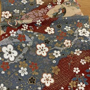 174 着物 ハギレ 正絹 道長取り扇梅松蝶鳥金彩 袖ハギレ36×106