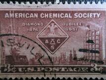 米国/アメリカ　記念切手　　　1951年　米国化学協会75年　　　3ｃ：化学協会のマークと化学の象徴景　　　1種　使用済み_画像2