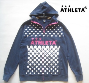 美品!!アスレタ ATHLETA*ドットロゴプリント ポリコットンカットソー立ち襟ジップパーカ L 紺×白 ネイビー×ホワイト