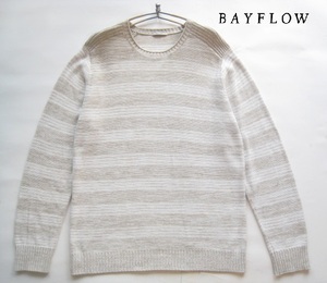 美品!!ベイフロー BAYFLOW*麻37% ミックス織りボーダー織り柄リネンコットンニットセーター 4 実寸L ベージュ×白