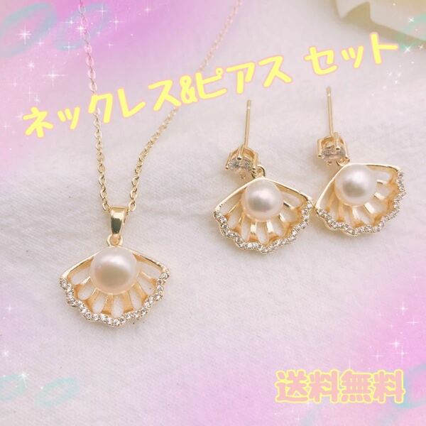 【セット】　ピアス　ネックレス　貝殻　パール　ホワイト　かわいい