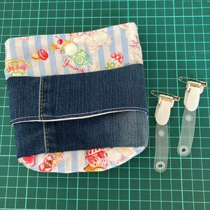 フタなし移動ポケット ハンドメイド 昭和レトロ マチ付き クリップ付き ポケットティッシュケース デニムリメイク 入園 入学準備