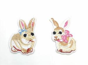 【送料込み】うさぎのペア☆刺繍ワッペン☆リボン☆アイロン　アップリケ Rabbit ラビット　新品