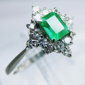 Pt900* ring * emerald * diamond *18 number #so-ting attaching [ used ] /31911 /10016983