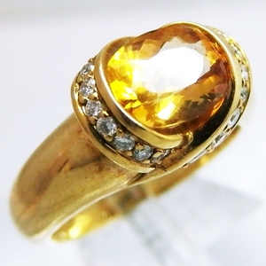 Ｋ１８ＹＧ★リング 指輪 天然トパーズ１．７８ｃｔ♪オーバルミックスカット◇ダイヤモンド●12号【中古】/mH046/24351