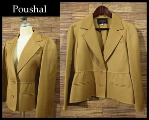送料無料 イタリア製 Poushal ポーシャル 絹 SILK シルク 混 ウール デザイン 2B テーラード ジャケット ブレザー 40 茶 キャメル ブラウン