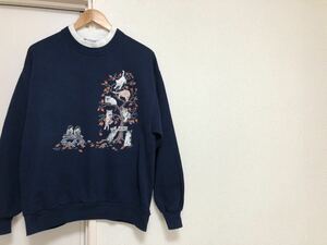 80s90sヴィンテージ! MADE IN USAアメリカ製ジャージーズ X MORMING SUN Wネーム猫 動物プリントスウェットsize L