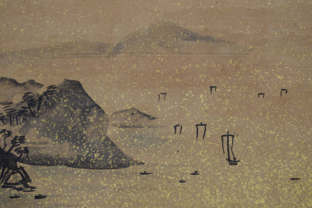 [Authentique] Utagawa Hiroshige/Ichiritsusai Seal/Mer et montagnes Voilier/Petite pièce/Horizontal/Paysage de boue dorée/Parchemin suspendu ☆Bateau au trésor☆Z-397, Peinture, Peinture japonaise, Paysage, Vent et lune