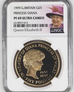 イギリス金貨　1999 5ポンド　ダイアナ妃 NGC PF69UC エリザベスラベル　エリザベス2世 発行枚数7500
