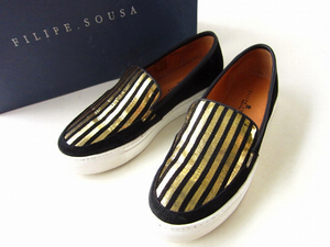 [ free shipping ]FILIPE SOUSA suede leather × Gold stripe slip-on shoes shoes [ lady's 23.5cm] retail price 1.4 ten thousand jpy PV-34-9219V