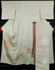  kimono set color tomesode * double-woven obi * obi shime 3 point set 9 sheets .. one . ratio wing less visit wear . used tomesode color . recycle kimono wedding Kyoto kimono heaven .