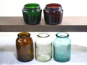 古いガラス瓶　5個セット　LION歯磨き粉　びんづめ　グリーン　アンバー　ラムネ色　透明　昭和レトロ
