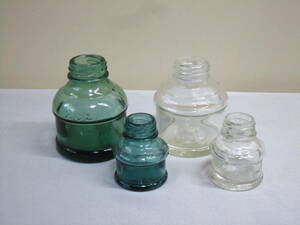 古いガラス瓶　まるいインク瓶　4個セット　ラムネ色　透明　昭和レトロ