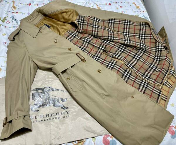 25万美品ベージュ★バーバリーメンズLL 2XL 180 175Burberry ウールライナーベルト付きトレンチコート春秋冬物　極厚　ギャバジン