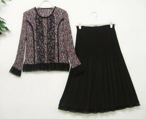 上品♪ T-PLEATS ティープリーツ 一宮繊維 ★ 花柄 プリーツセットアップ M (M～L) ノーカラー レース付き ウエスト総ゴム