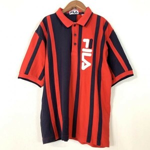 美品 90s OLD FILA オールドフィラ アシンメトリ ストライプ 半袖 ポロシャツ メンズ USA M レッド ネイビー ゴルフ golf