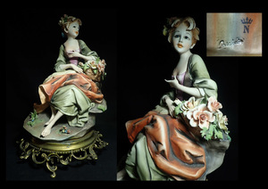 【海蛍】イタリア ナポリ　陶器　花と少女 置物 在銘 作家サイン有 高さ約36cm