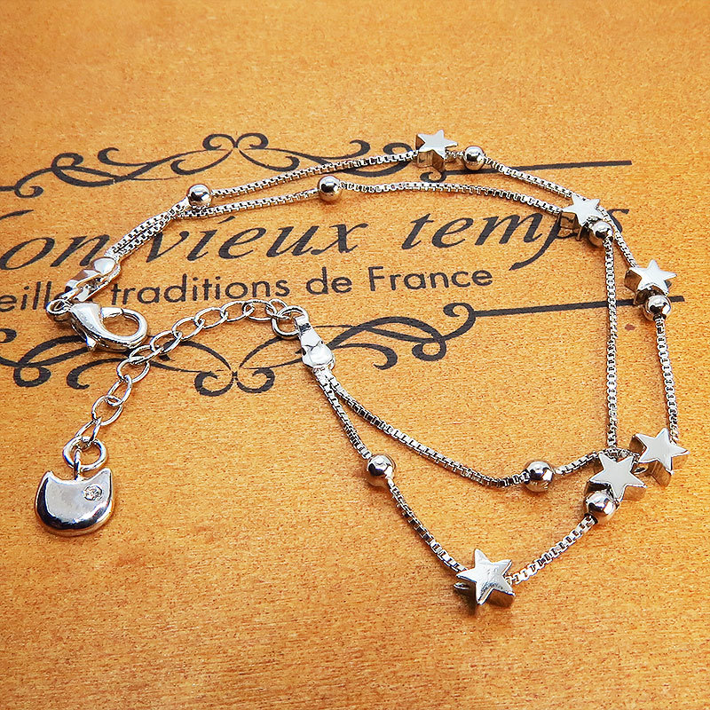 Pulsera de doble cadena de plata 925 con charm de cara de gato y estrella, Hecho a mano, Accesorios (para mujeres), otros