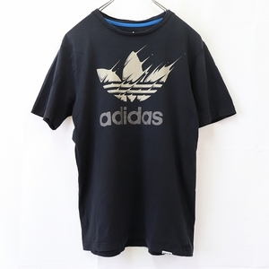 アディダス Tシャツ M 位 黒 ブラック 半袖 adidas ロゴ クルーネック /トレフォイル メンズ レディース 古着 中古 st70