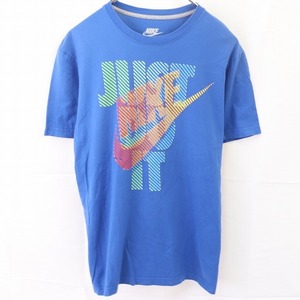 ナイキ Tシャツ M 青 NIKE 半袖 JUST DO IT プリント ロゴ クルーネック メンズ レディース 古着 中古 st38