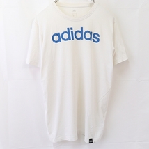 アディダス Tシャツ M 白 青 半袖 adidas ロゴ クルーネック /トレフォイル メンズ レディース 古着 中古 st65_画像1