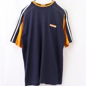 アディダス Tシャツ M 位 紺 黄 白 80's ラグラン 半袖 adidas プリント ロゴ /トレフォイル メンズ レディース 古着 中古 st141