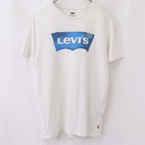 リーバイス Tシャツ M 白 ホワイト 青 ロゴ LEVIS 半袖 プリント クルーネック メンズ レディース 古着 中古 st198
