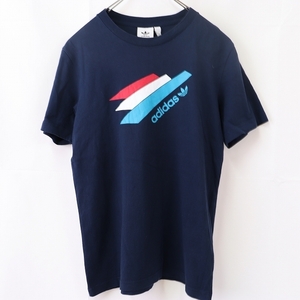 アディダス Tシャツ S 紺 ネイビー 半袖 adidas プリント ロゴ クルーネック/トレフォイル メンズ レディース 古着 中古 st135