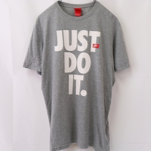 ナイキ Tシャツ M グレー 白 NIKE 半袖 JUST DO IT プリント ロゴ クルーネック メンズ レディース 古着 中古 st190