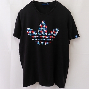 アディダス Tシャツ L 黒 迷彩 カモ 半袖 adidas プリント ロゴ /トレフォイル レディース 古着 中古 st124