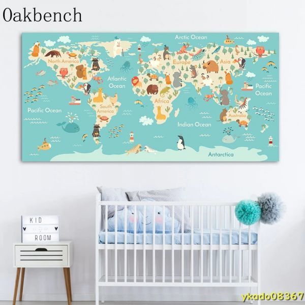 P1693 : affiche nordique avec carte du monde des animaux, peinture sur toile, Art mural imprimé pour chambre de bébé, décor de chambre d'enfant, Documents imprimés, Affiche, autres