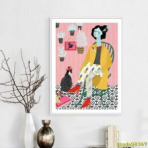 Art hand Auction P1157：现代女人与猫抽象个性帆布画艺术印刷海报墙客厅家居装饰, 印刷材料, 海报, 其他的