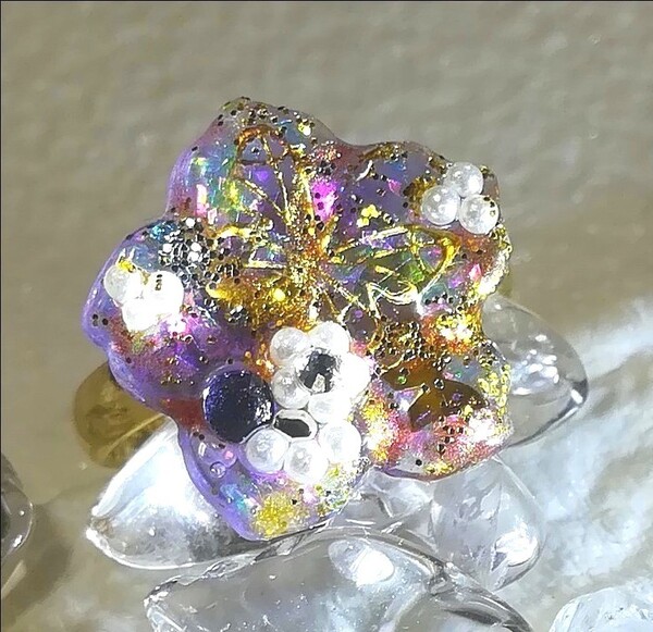 ☆ハンドメイド☆レジンリング夜桜&蝶☆purple&gold☆