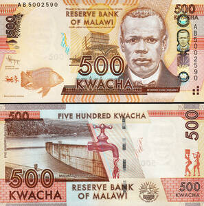 (B-982) マラウィ 500クワチャ紙幣　2012年