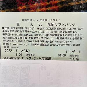 巨人VS福岡ソフトバンク　野球チケット　東京ドーム　6月2日　外野指定席　ビジター応援席　1枚