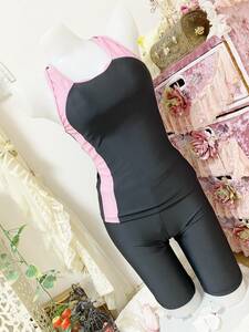  Lady's swimsuit 7S size :10303+U* no sleeve tankini / fitness swimsuit / yoga * running wear : black pink 