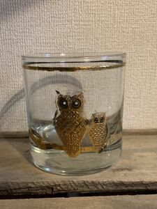 コップ　置物　ヴィンテージ フクロウ　OWL ゴールド　ガラス　グラス　花瓶