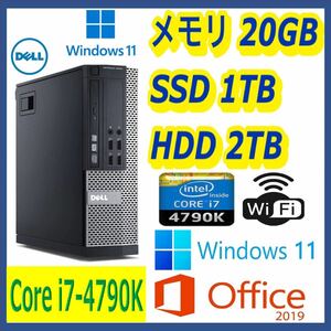 ★DELL★小型★超高速 i7-4790K(4.4Gx8)/新品SSD1TB+大容量HDD2TB/大容量20GBメモリ/Wi-Fi(無線)/USB3.0/DP/Windows 11/Office2019★
