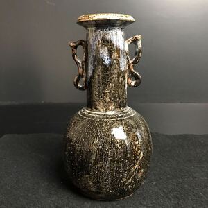 [CR153] 海鼠釉 耳付花瓶 花器 花入 花生 一輪挿し 高さ約19cm 飾り壷 インテリア 美術陶芸