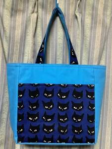 ハンドメイド 猫柄のトートバッグ ブルー系 7ポケット　/ オックス×オックス