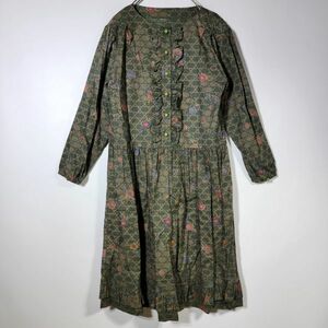 【レア】古着 レトロ Vintage 総柄 ワンピ 昭和レトロ ワンピース 70s80s クラシカル ビンテージ レトロ 綿 深緑