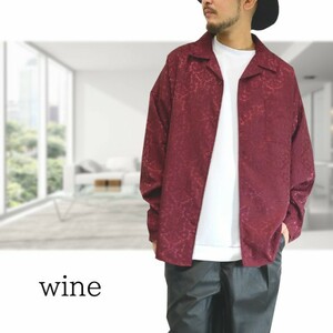 ダマスク柄サテン地ジャガード織りシャツ高級感のあるハイセンスなロングシャツ2042l111新品ワインM