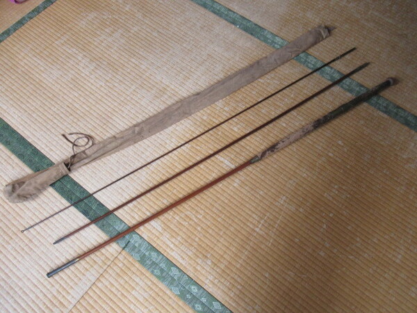美品 希少 1910年頃 イギリス製 布ケース付■『BERNARD & SO社』ヒッコリー素材ロッド 釣竿 つなぎ目真鍮製 3本継 全長約3.7ｍ 重さ約480ｇ
