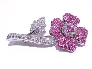 750 K18WG white gold brooch flower motif flower diamond pink sapphire [ used ][ degree A][ No-brand ]