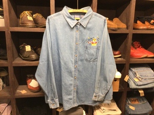 90 00'S DISNEY POOH CHAMBRAY SHIRT SIZE 22W/24W ディズニー プーさん シャンブレー シャツ 長袖 デニム