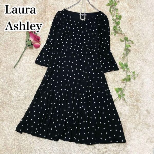 ローラアシュレイドット柄 ワンピース ジャージー素材 ブラック 水玉 Laura Ashley US6サイズ