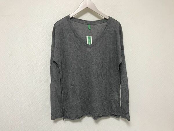 新品未使用本物ベネトンBENETTONレーヨンナイロンカシミヤ VネックロングTシャツ長袖メンズSグレーアメカジスーツビジネスチュニジア製