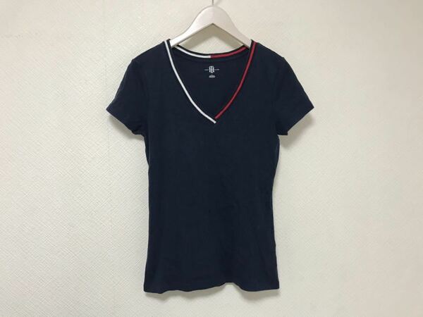 本物トミーヒルフィガーTOMMYHILFIGERコットンVネック半袖Tシャツ紺ネイビーアメカジビジネススーツレディース旅行トラベルM